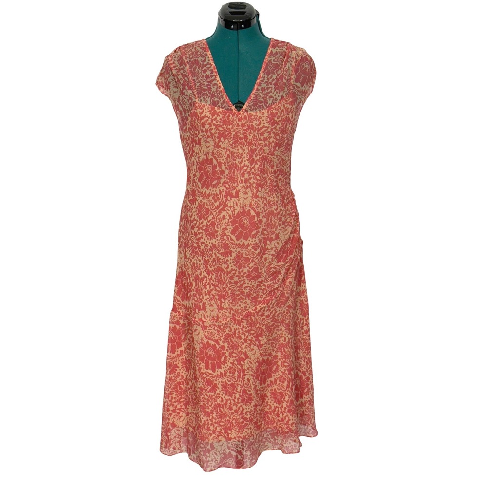 Sundance Silk Wine Song Dress Floral Damask‎ V-Neck Cap Sleeve 10 Red Midi